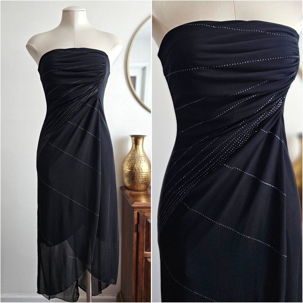 Vintage 90s Byer Too Strapless Black Dress Small Made USA Sheer Hem